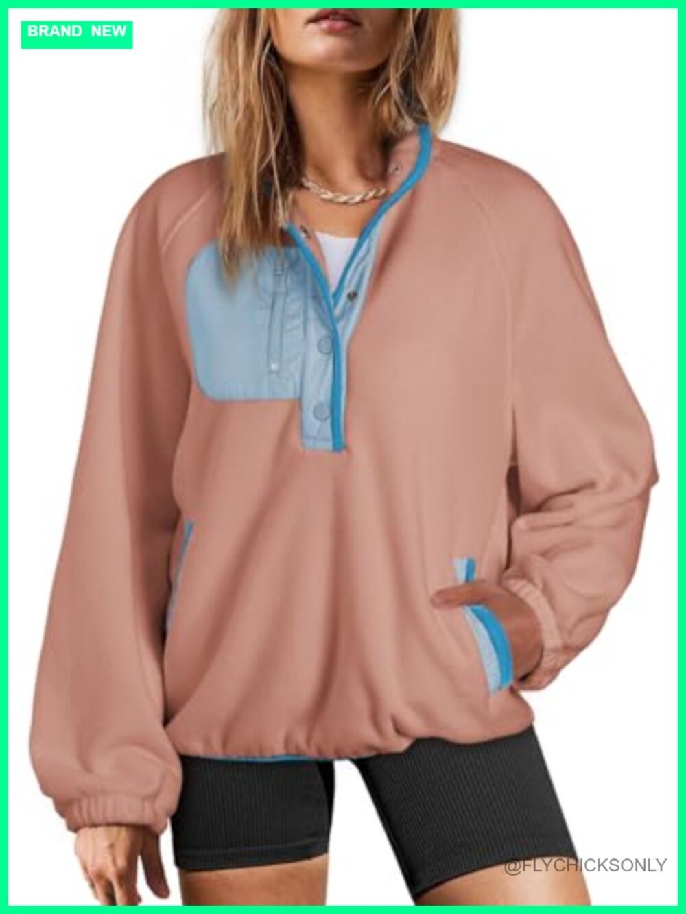 Oversized Fuzzy Fleece Sherpa Sweatshirt Color Block Button Pullover